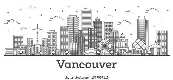 Outline Vancouver Canada City Skyline with Modern Buildings Isolated on White. Vector Illustration. Vancouver Cityscape with Landmarks. 