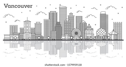 Esbozo de Vancouver Canada City Skyline con edificios y reflexiones modernos aislados en blanco. Ilustración vectorial. Vancouver Cityscape con monumentos. 