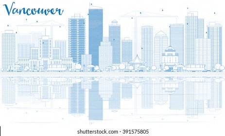 Outline Vancouver skyline with blue buildings and reflections. Vector illustration. Business travel and tourism concept with place for text. Image for presentation, banner, placard and web site.