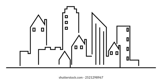 Outline of various buildings in an urban setting modern, minimalistic style. Ideal for architecture, city planning, real estate, construction, and urban development themes.