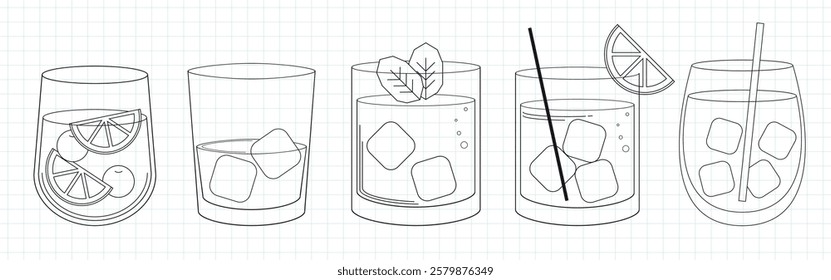 Outline of various drink glasses with ice cubes, citrus slices, and straws. Simple, minimalistic design of drink glasses, perfect for beverage-themed projects. Party illustrations, element vector set.