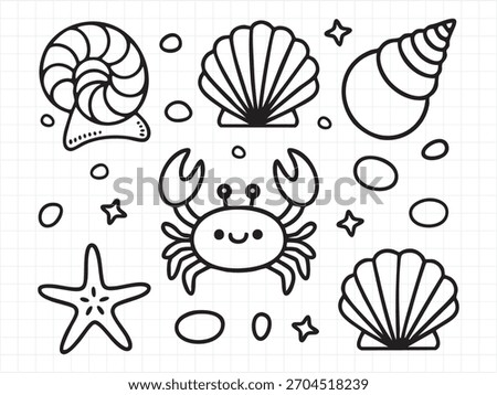 Outline of various sea creatures, shells, and starfish for kids
