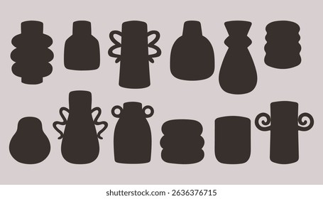 Contorno do conjunto de vasos. Diferentes formas vasos cerâmicos. Formas de silhueta de jarra de ânfora de vaso de cerâmica preta, ícones isolados desenhados à mão. Silhuetas pretas. Conceito de cerâmica. Textura do carimbo. Ilustração na moda