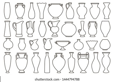 Outline vases and amphora collection, vector linear. Vase pottery, ancient pot greek illustration