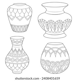 Outline vases and amphora collection, vector linear. Vase pottery, ancient pot greek illustration. Black and white. Art therapy Coloring page. Vector illustration