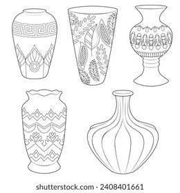 Colección de vases y ánforas de contorno, lineal vectorial. Cerámica de abusa, antigua ilustración de cacerolas griegas. Blanco y negro. Página de Coloración de la terapia artística. Ilustración del vector