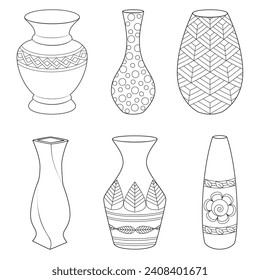 Outline vases and amphora collection, vector linear. Vase pottery, ancient pot greek illustration. Black and white. Art therapy Coloring page. Vector illustration