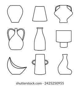 Jarrones de contorno y colección de ánforas, vector lineal. Cerámica de jarrón, ilustración griega de olla antigua