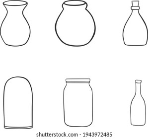 Outline vases, bottle and amphora collection, vector linear.  Home interior decoration. Vases silhouettes of various shapes in thin line style. Vase pottery, ancient pot greek illustration.