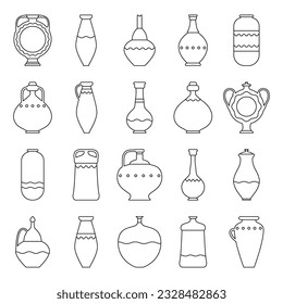 Outline vases and pots collection. Set ceramic jar in minimalist linear style. Vector illustration with bowl for liquids of various shapes. Vase pottery with decorative elements