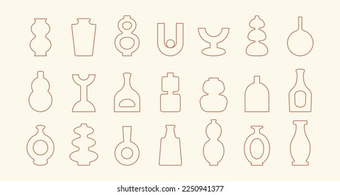 Conjunto de vases de esquema. Resumen de iconos de cerámica lineal para logotipo, afiches, formas mínimas de tarro de intestino. Ilustración del vector