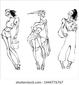 Outline vector about holiday summer sea. African American pretty long hair girl . Black lined woman in bikini, short, shirts, pants.