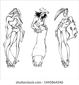 Outline vector about holiday  summer sea. African American pretty long hair girl . Black lined woman in bikini swimsuit , short, shirts, skirt. People for coloring book.