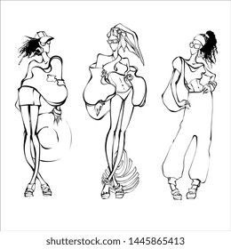 Outline vector about holiday  summer sea. African American pretty long hair girl . Black lined woman in bikini swimsuit , short, shirts, skirt. People for coloring book.