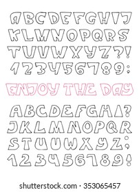 Outline vector alphabet. Hand drawn capital letters and numbers set.
