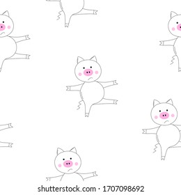 Outline vector animals seamless pattern. The piglet does exercises, goes in for sports. Cute pig on white background. Cartoon adorable character. Design for textures, card, poster, fabric, textile.