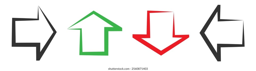 Outline vector arrows icon set isolated on transparent background. Various packaging symbols. Motion pointers. Information pointers. Wayfinding directions.