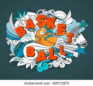 Outline vector banner with ball, red letters and basketball objects and decoration elements in white and blue colors on navy background