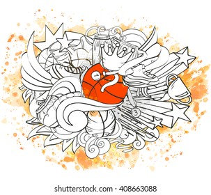 Outline vector banner with basketball objects, orange watercolor background, sport and decoration white elements, in doodle style