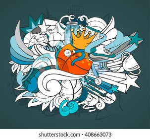 Outline vector banner with red ball, basketball objects and decoration elements in white and blue colors on navy background