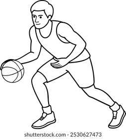 Vetor de contorno da Ação Dribbling do Basquete. Jogador de basquete driblando o vetor de bola. Dribble Basketball in Line Art. Jogador de futebol.