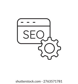 Outline vector browser window showing SEO text and a gear, indicating direct webmaster settings, integration, and platform tools.