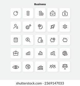 Outline vector business icons set. Briefcase, rocket, piggy bank and other elements