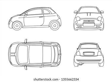 Outline vector car isolated on white background, side view; front view; back view; view from above. Modern flat illustration.