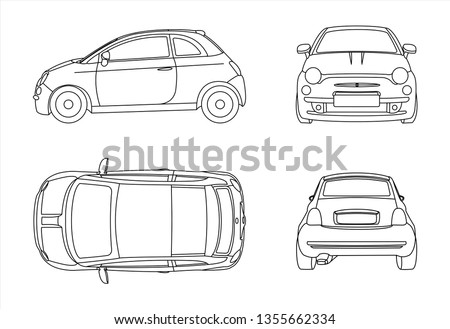 Outline vector car isolated on white background, side view; front view; back view; view from above. Modern flat illustration.