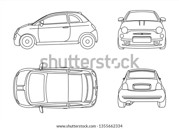 Outline vector car isolated on white\
background, side view; front view; back view; view from above.\
Modern flat\
illustration.
