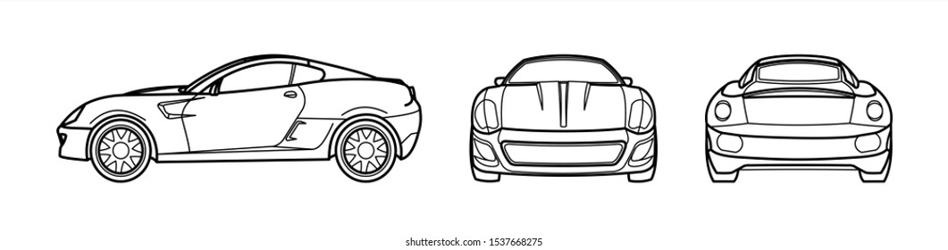 Outline Vector Car On A White Background, Line Art, All Views, Three Views, Side; Front; Back. Fast Racing Car Template For Advertising. For Coloring Book Page.