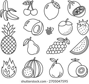 Outline vector collection of fresh tropical and common fruits, hand drawn style