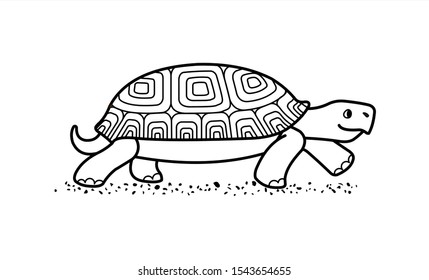 outline vector cute land tortoise with patterned shell, side view; isolated on a white background; symbol of slowness; contour turtle; for coloring book page