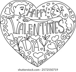 Outline Vector Valentine’s Day illustration of heart-shaped design with a couple embracing, surrounded by text saying Happy Valentine’s Day. Decorated with romantic elements 
