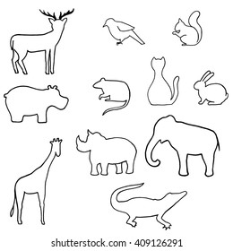 Outline vector. Different animal: deer, hippopotamus, bird, rat, cat, rabbit, rhino, squirrel, elephant, giraffe, crocodile