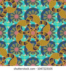 Outline. Vector doodle seamless pattern with ethnic mandala ornament on a blue, green and brown colors.