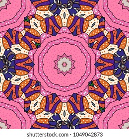 Outline. Vector doodle seamless pattern with ethnic mandala ornament on a pink, beige and orange colors.