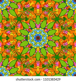 Outline. Vector doodle seamless pattern with ethnic mandala ornament on a green, orange and yellow colors.