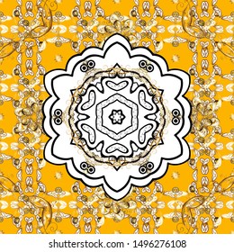Outline. Vector doodle seamless pattern with ethnic mandala ornament on a yellow and white colors.