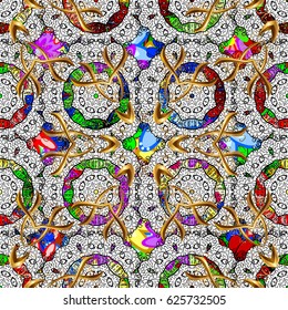 Outline. Vector doodle seamless pattern with ethnic mandala ornament on a colorful background.