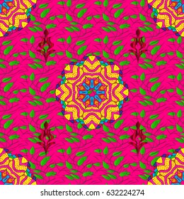 Outline. Vector doodle seamless pattern with ethnic mandala ornament on a magenta background.