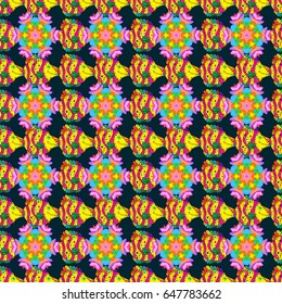 Outline. Vector doodle seamless pattern with ethnic mandala ornament on a colorful background.