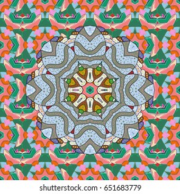 Outline. Vector doodle seamless pattern with ethnic mandala ornament on a background.