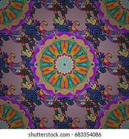 Outline. Vector doodle seamless pattern with ethnic mandala ornament on a colorful background.