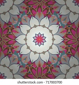 Outline. Vector doodle seamless pattern with ethnic mandala ornament on a neutral, beige and brown colors.