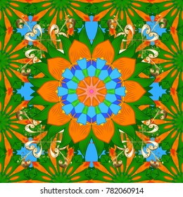 Outline. Vector doodle seamless pattern with ethnic mandala ornament on a green, orange and blue colors.