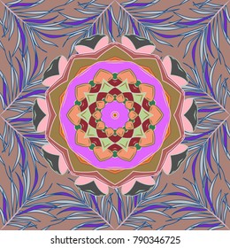 Outline. Vector doodle seamless pattern with ethnic mandala ornament on a neutral, blue and violet colors.