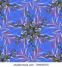 Outline. Vector doodle seamless pattern with ethnic mandala ornament on a blue, violet and black colors.