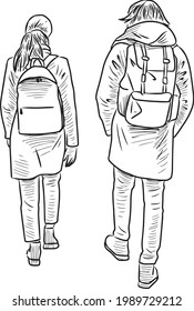 Outline vector drawing of couple young citizens walking together outdoors