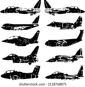 Umrisszeichnung mit Unterschiedlichem Flugzeug, Flugzeug, Aeroplan und Militär-Helikopter-Ikonen des Krieges Vektorgrafik.